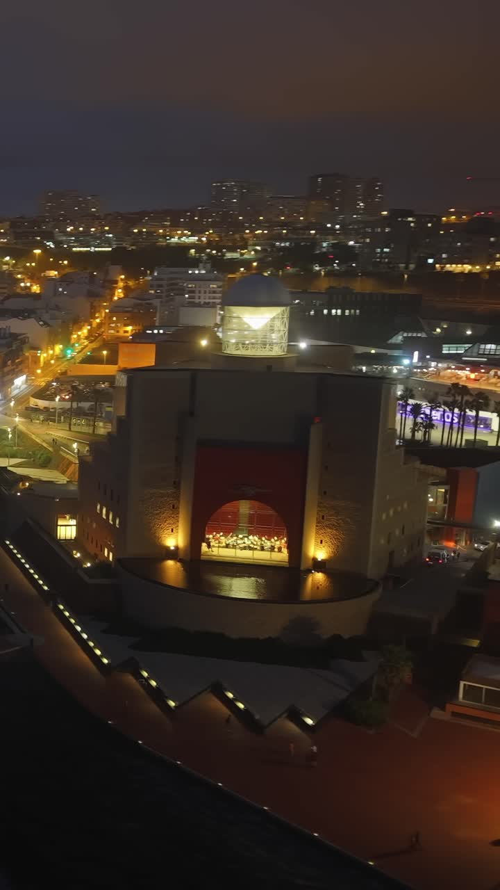 Aerial view over the Alfredo Kraus auditorium and Las Canteras beach at night. Gran Canaria, Canary Islands