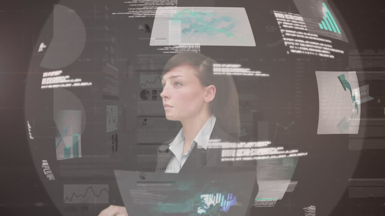 анимация деловой женщины с использованием интерфейса сенсорного экрана с экранами обработки данных