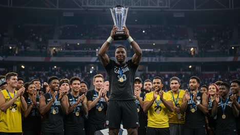 celebrating victory: champion lifts trophy amidst joyful teammates and enthusiastic crowd in iconic arena setting