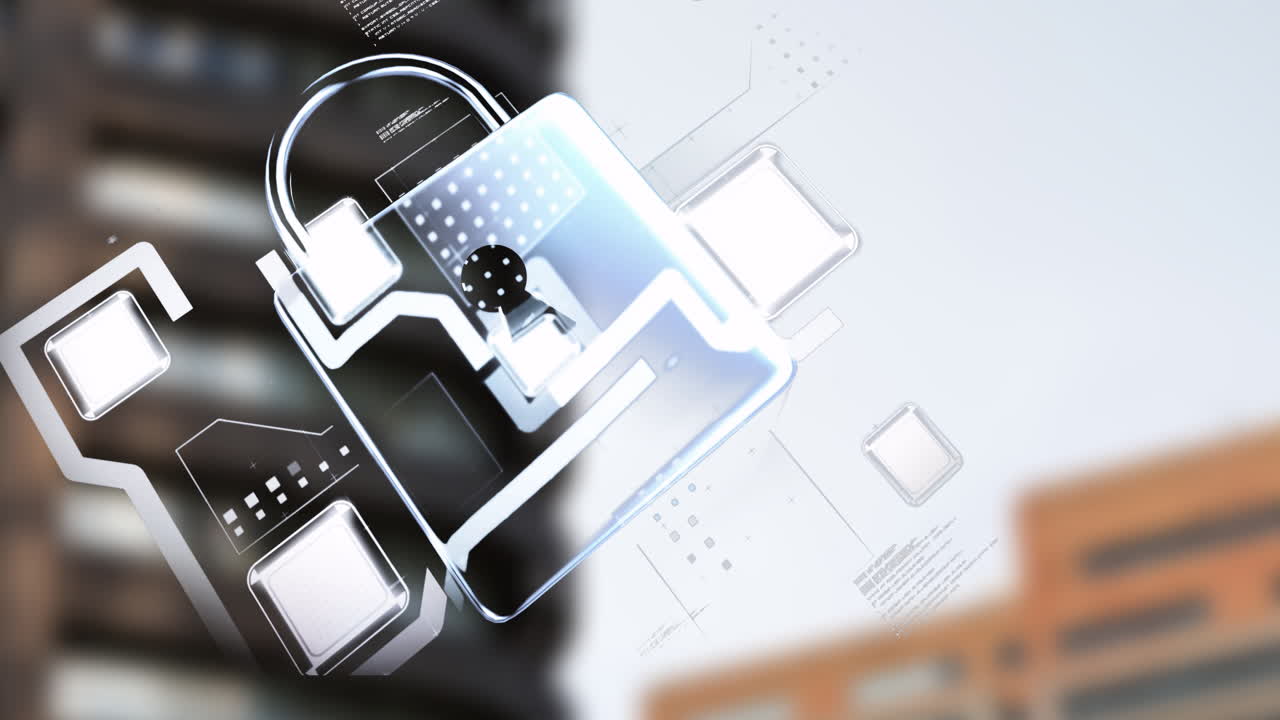 Animation of digital padlock representing cybersecurity over abstract tech background