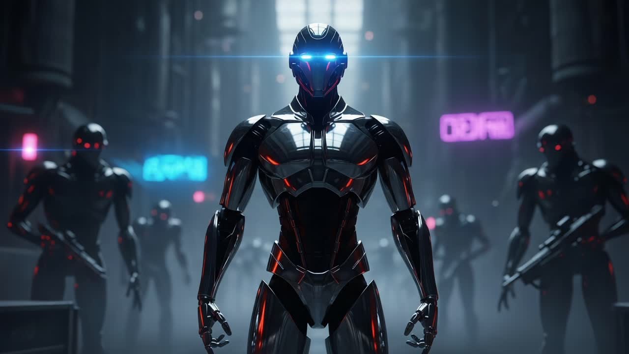 A futuristic scene featuring advanced humanoid robots standing in a high-tech environment, showcasing sleek designs and illuminated features against a dark backdrop