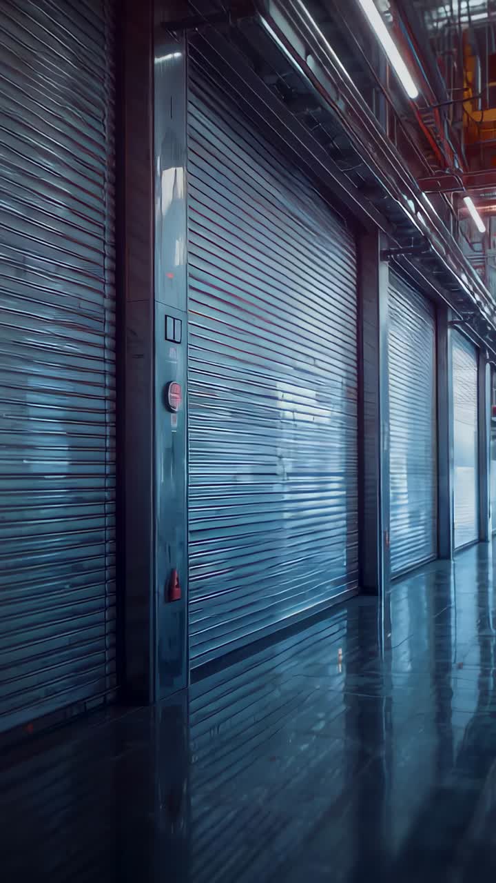 Vertical video: Panning camera along closed rollup shutters in loading bay, showing control column