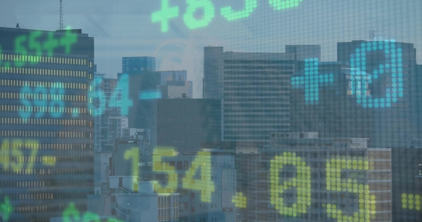 Animação de um painel de negociação multicolorido sobre uma vista aérea de uma cidade moderna contra o céu