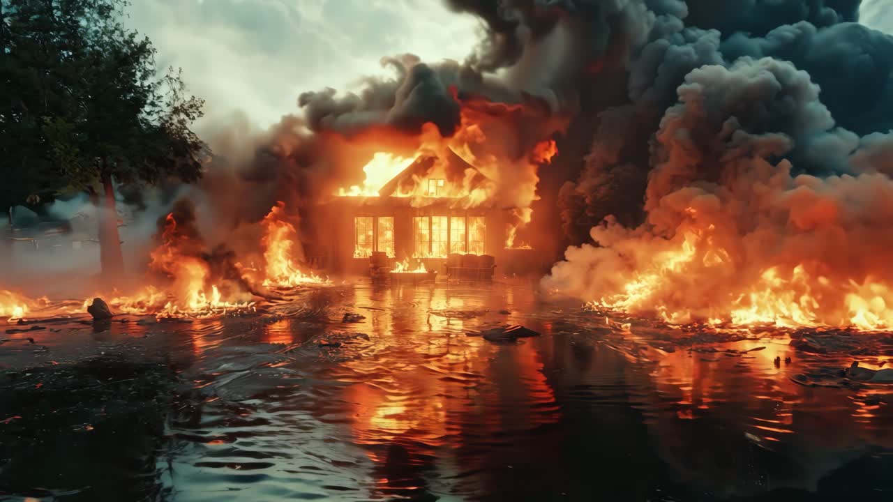 A house is on fire and the water is reflecting the flames. Scene is intense and chaotic