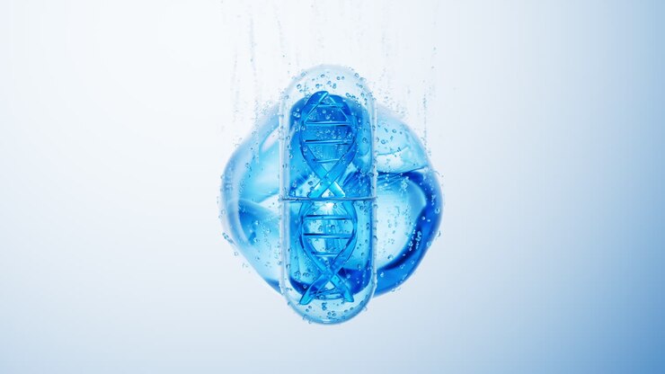 прозрачная медицинская капсула и водяные пузырьки под водой, 3d-рендеринг.