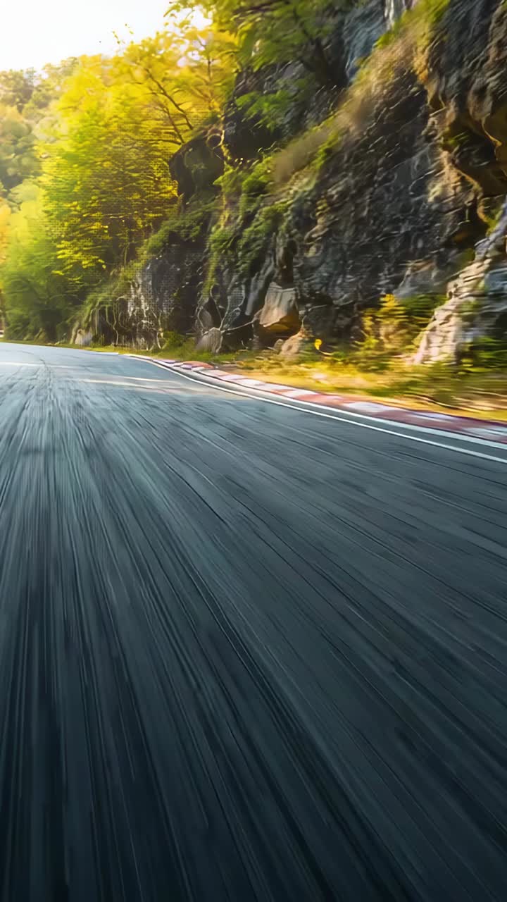 Vertical video: Moving camera road scrolling toward left bend through forest showing rock face curb