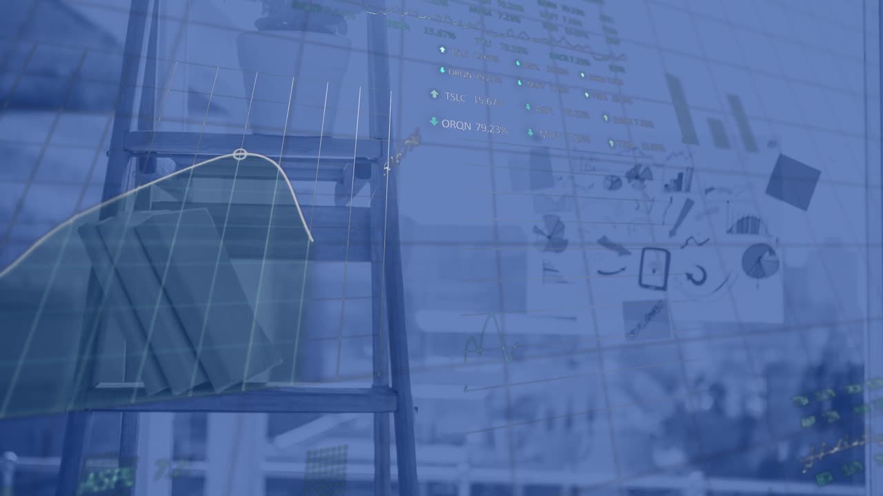 Animation der Finanzdatenverarbeitung über einem modernen Büro