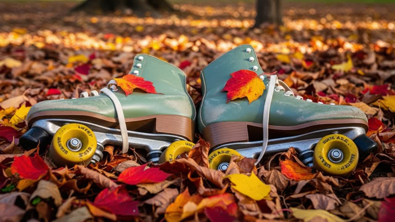 Vintage Roller Skates Resting on Colorful Autumn Leaves, Capturing the Essence of Fall with Brightly Colored Foliage and a Nostalgic Atmosphere