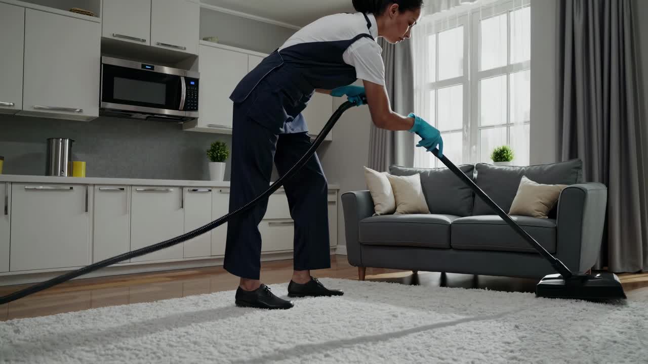 Low-angle video shot of a person vacuuming a modern living room