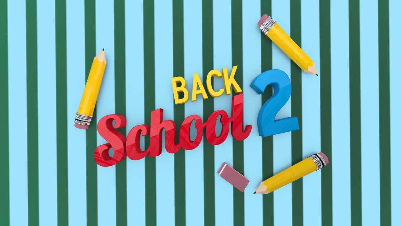 초록색 줄무 ⁇ 가 파란색 배경에 회전하는 학교 텍스트와 연필 아이콘으로 돌아가십시오.