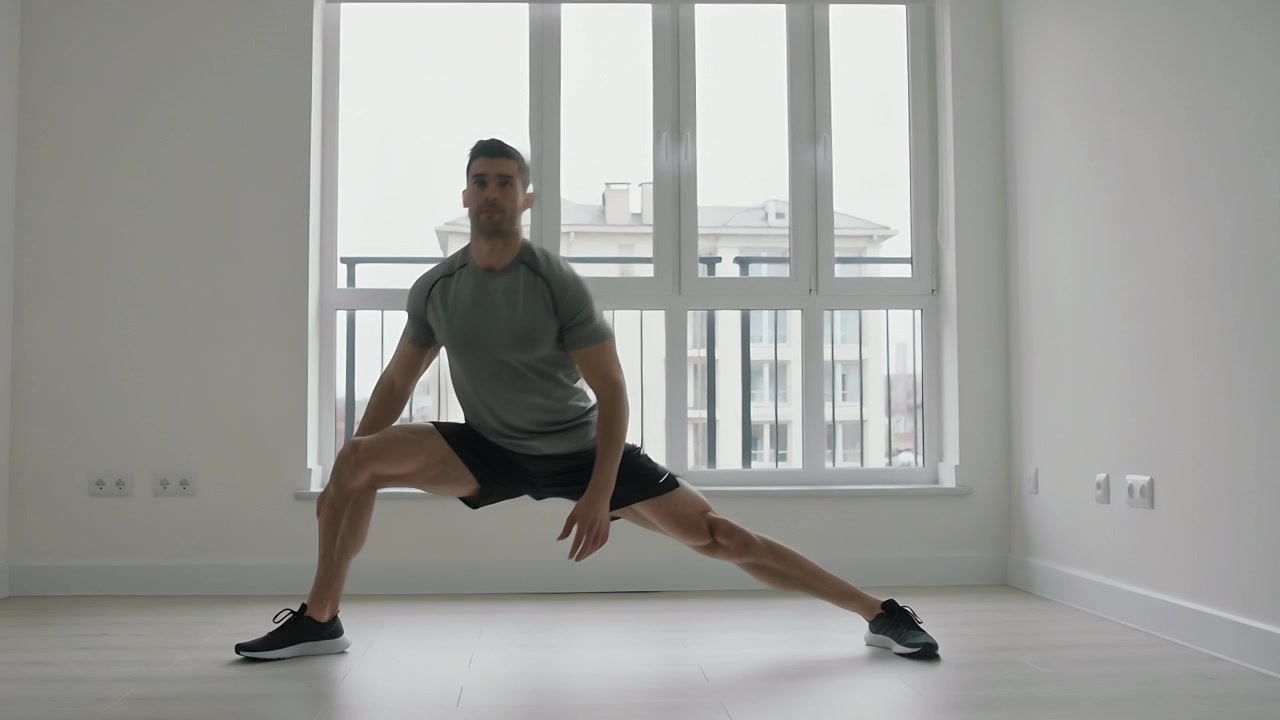 Doing lateral lunges, man in shorts, sneakers shifting from wide stance by window for training