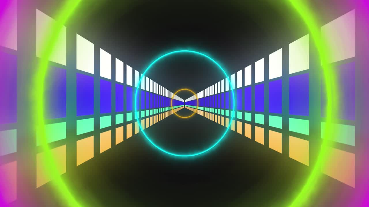 animación de círculos de neón coloridos y túnel digital sobre fondo negro.