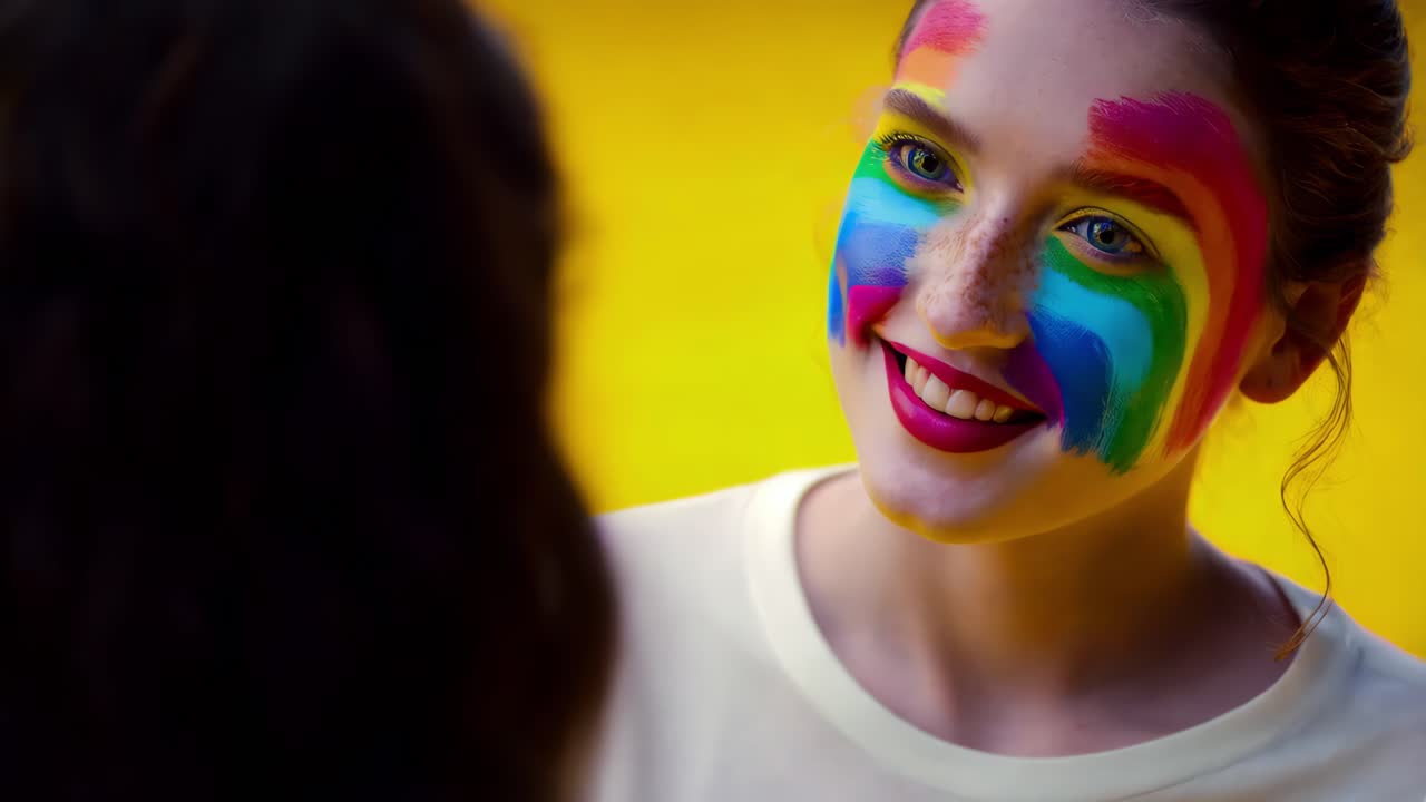 mujer con cara de arco iris pintada