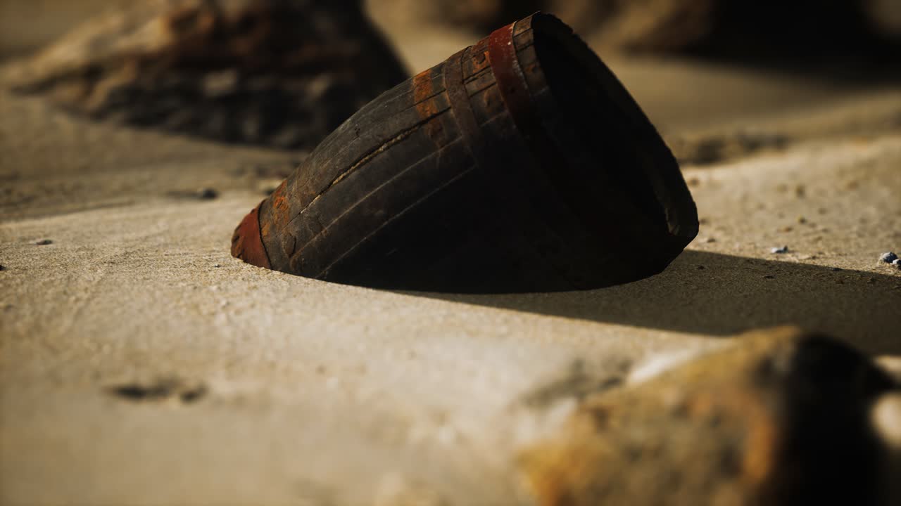 viejo barril de madera en la playa