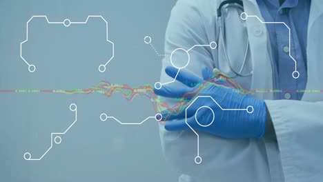 animation of connected dots over multicolored graphs, midsection of african american doctor