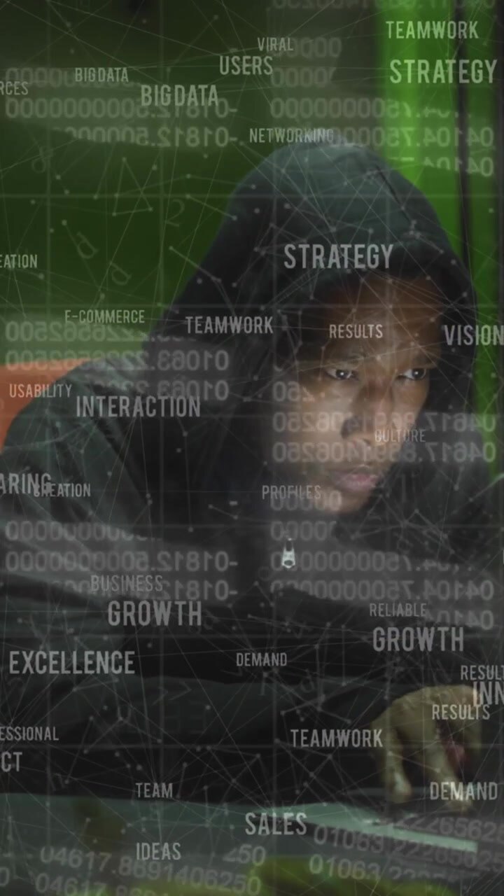 Animation of data processing over african american man using laptop in server room