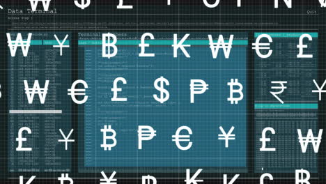 animation of currency symbols over data processing on black background