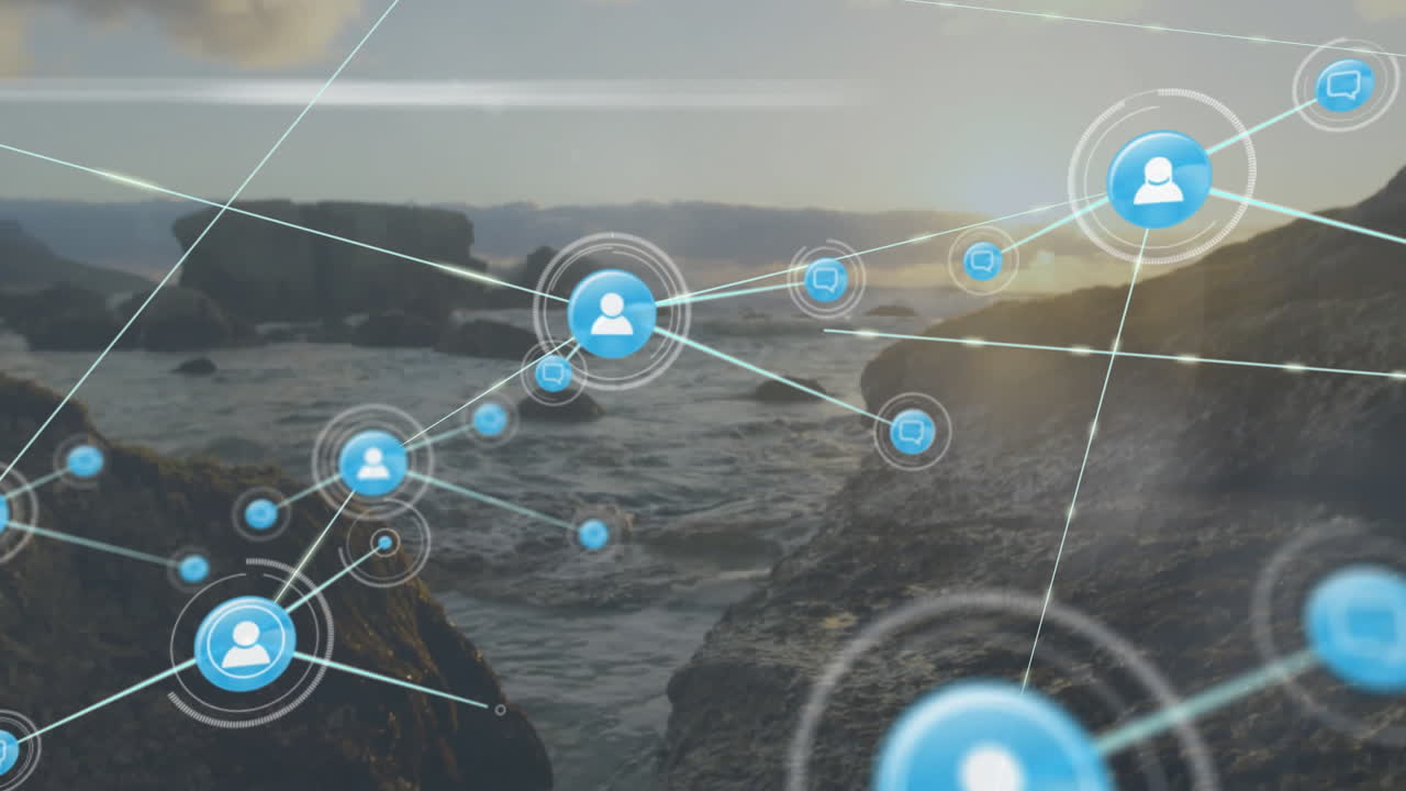 red de conexiones y animación de procesamiento de datos sobre el paisaje costero