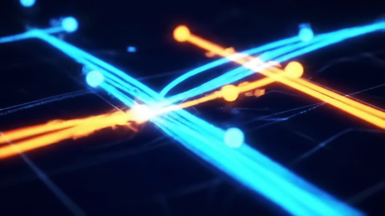 Dynamic Visual Representation of Data Flow with Intersecting Lines and Points in Vibrant Colors, Highlighting Complex Network Patterns and Connectivity