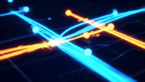 dynamic visual representation of data flow with intersecting lines and points in vibrant colors, highlighting complex network patterns and connectivity
