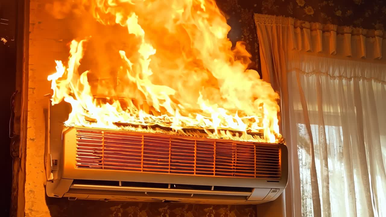 un aire acondicionado montado en la pared en llamas en una habitación