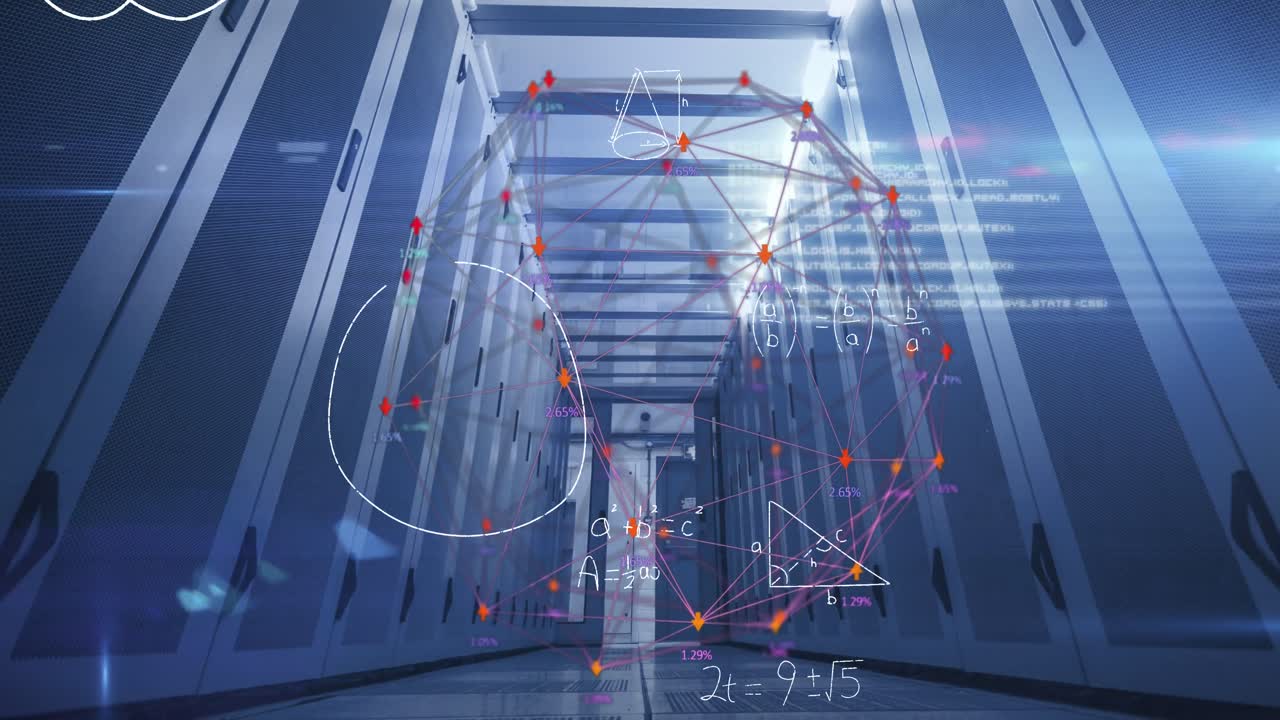 Animation of globe with network of connections and data processing over computer servers