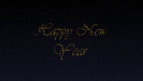 animation of happy new year greetings in shimmering gold letters and fireworks