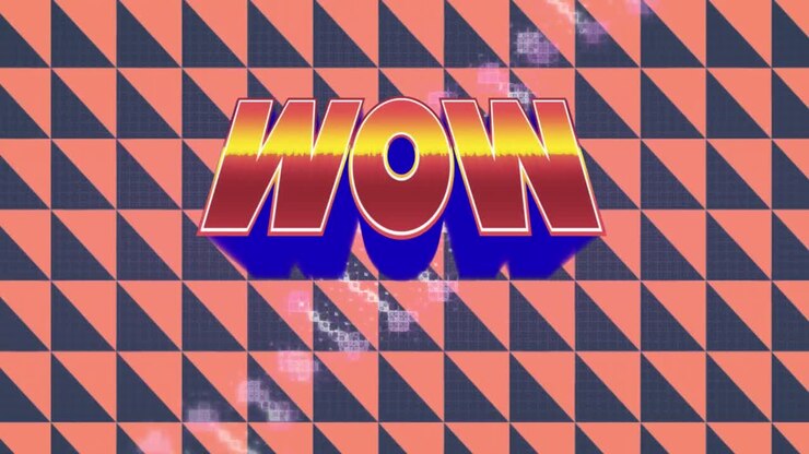 Animazione di testo "wow" su forme geometriche su sfondo rosso