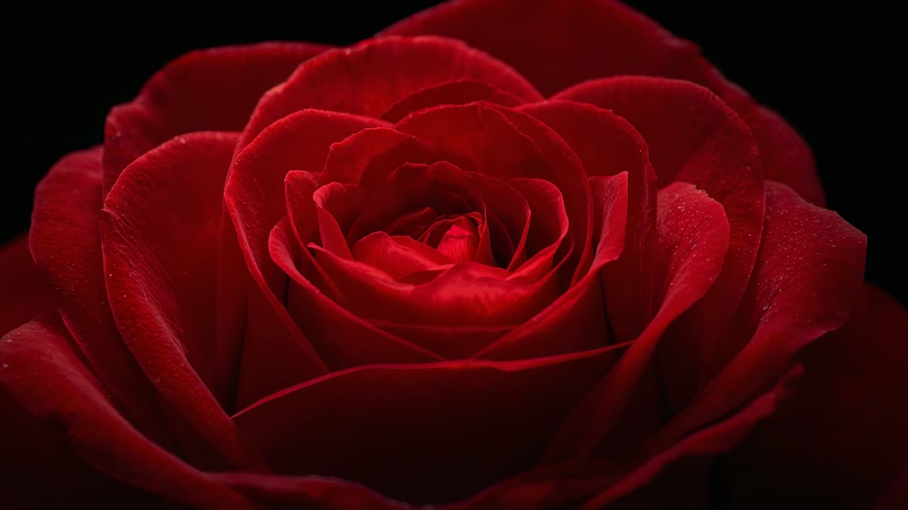Exibindo câmera e iluminação com foco variável em uma rosa vermelha em close-up no estúdio, revelando espiral de orvalho