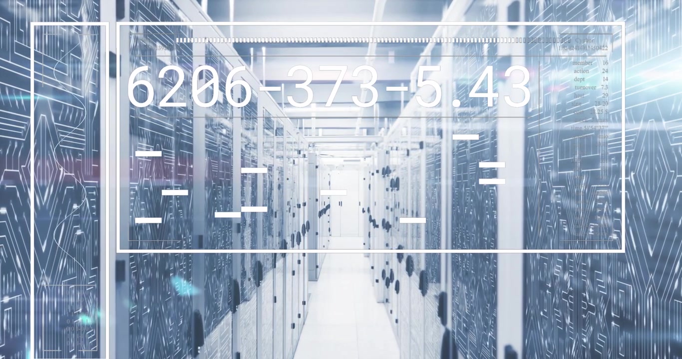 Futuristic Data Center with Digital Information Overlay