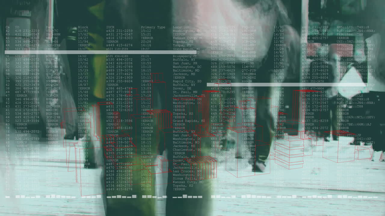 Walking in city, people with data processing animation overlay in background