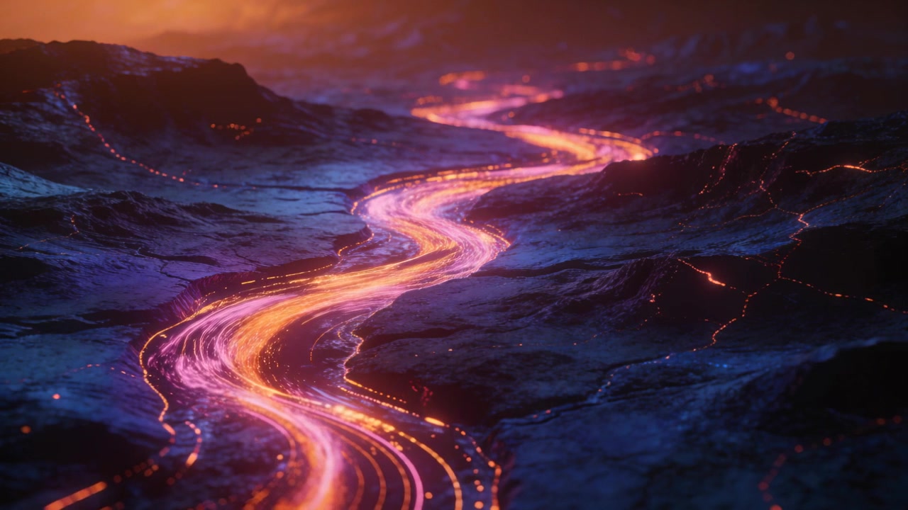 Pulsing luminous channel flowing across rocky plain, driven by horizon heat, emitting sparks