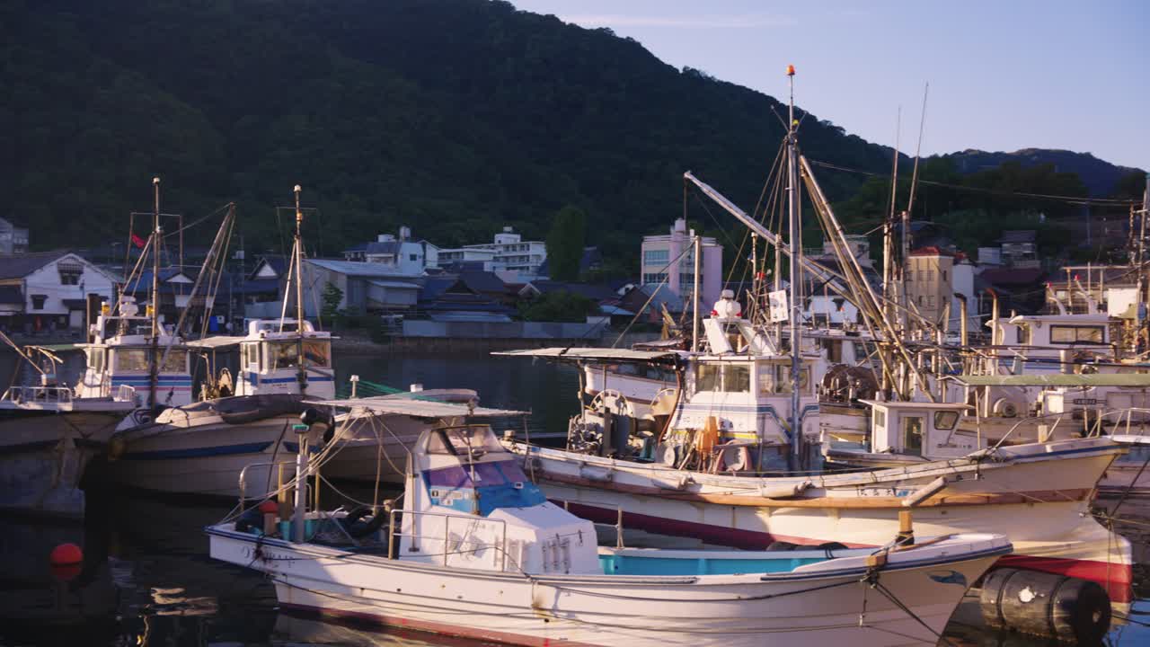 Fishing Boats in Traditional Japanese Town, Sunset Pan Shot, Tomonoura