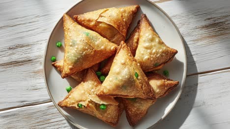 samosas crujientes en un plato con guarnición de guisantes verdes