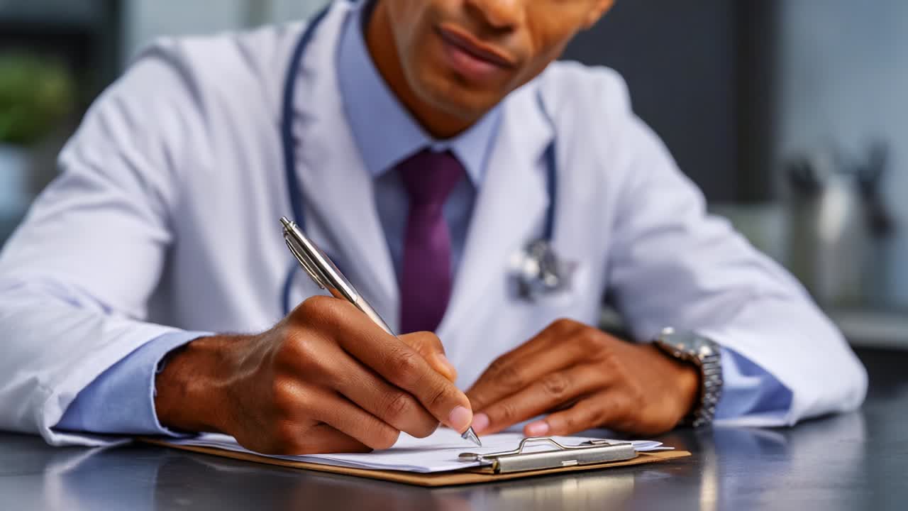 A focused medical professional diligently recording patient information or notes, showcasing the importance of documentation in healthcare and the commitment to patient care represented through writing