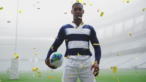 animación de confeti dorado cayendo sobre un jugador de rugby macho biracial mirando a la cámara