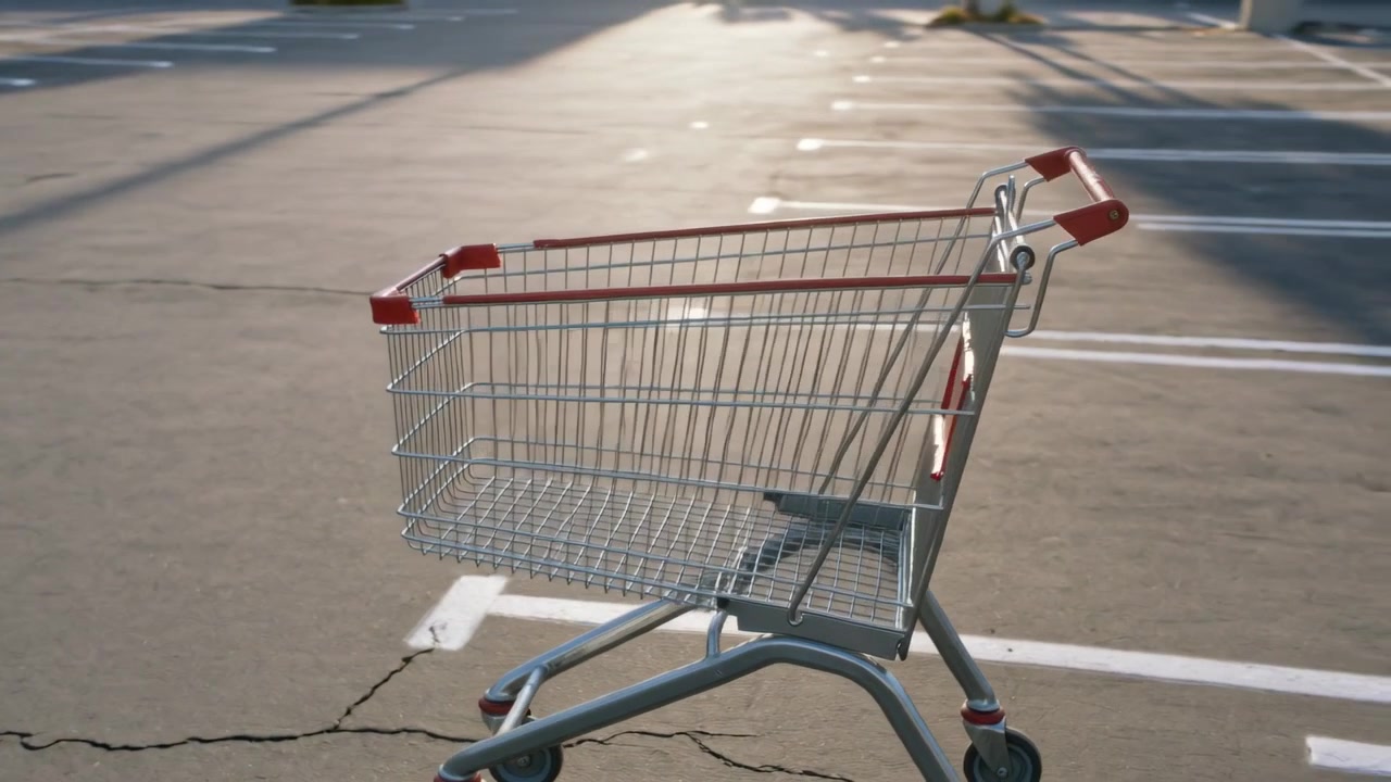 Panorerande kamera avslöjar en tom röd-kantad kundvagn på en parkeringsplats, fångar lågt solblänk.