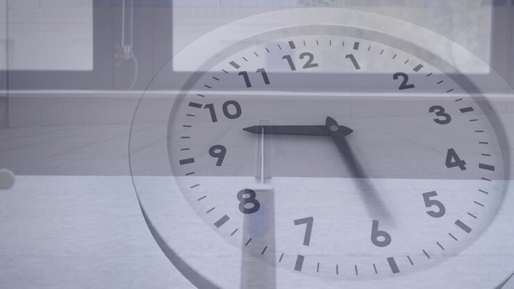 Animation of ticking clock against time-lapse of businesspeople walking at office