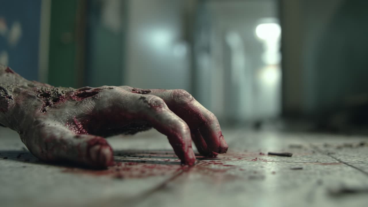 Dismembered Hand on a Grimy Floor: A Gruesome Scene Captured in Disturbing Detail During a Dark Horror Narrative