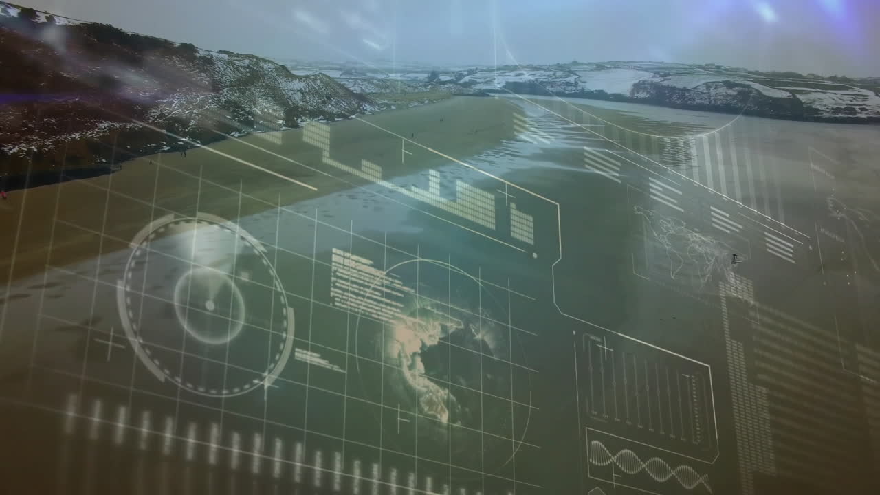 Animation of digital interface with data overlaying snowy mountain landscape