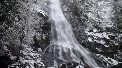 waterfall rushing over a snow covered cliff face, olympic national forest, slow aerial orbit