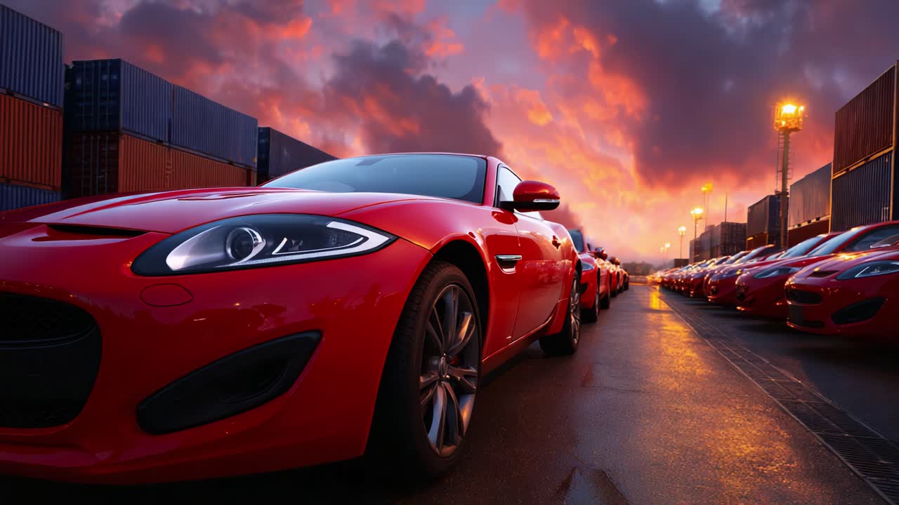 Splendide auto rosse in un cantiere navale al tramonto sotto un cielo spettacolare con nuvole colorate e pile di container che esaltano la vista panoramica