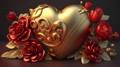 Decoración-De-Corazón-De-Amor-Dorado-Con-Rosas-Rojas,-Amor-E-Ilustración-De-Saludo-De-San-Valentín