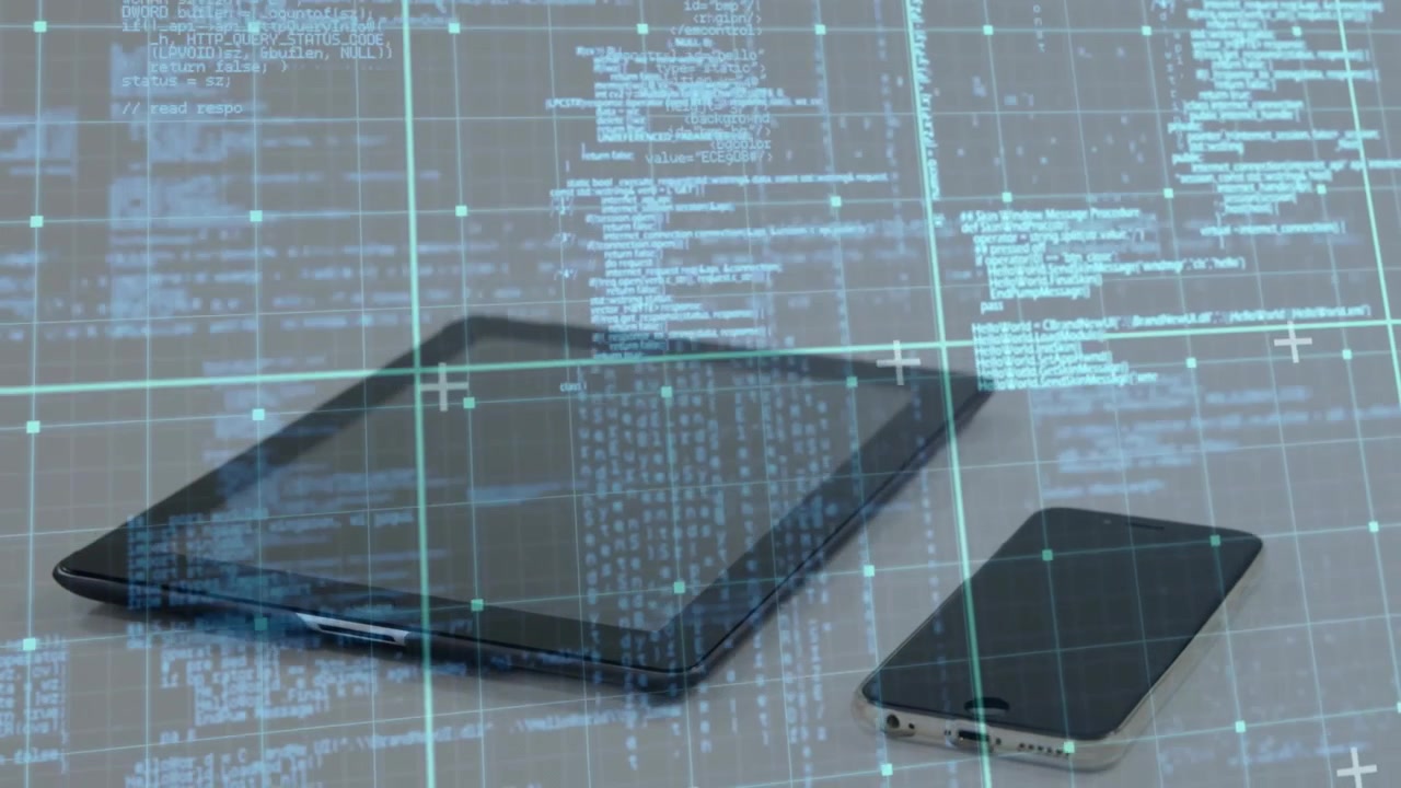 Code streams initiating grid and tablet and phone sliding in code flickering showing tech interface