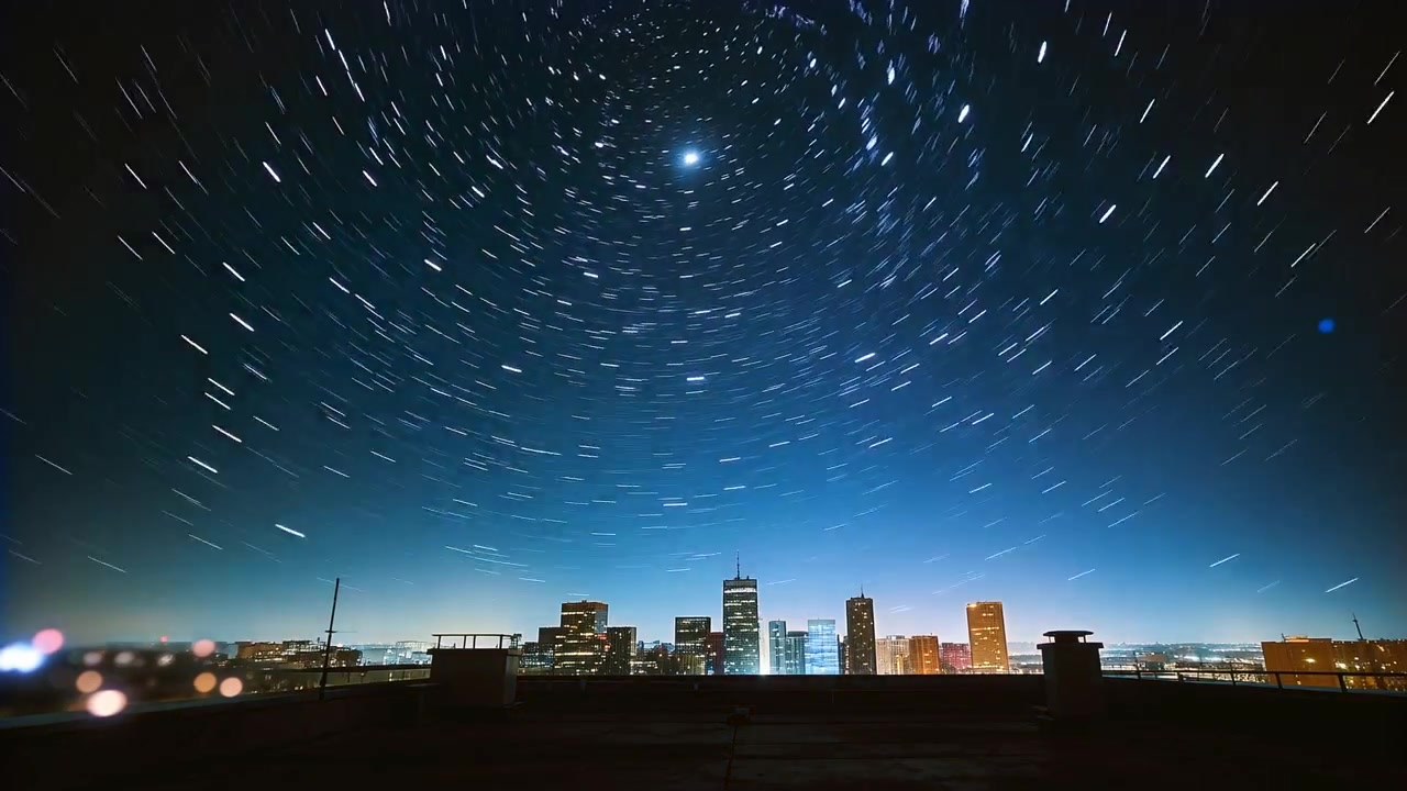 Inizio di un timelapse che mostra scie stellari che circondano la stella polare sopra un tetto di notte, evidenziando la rotazione terrestre.