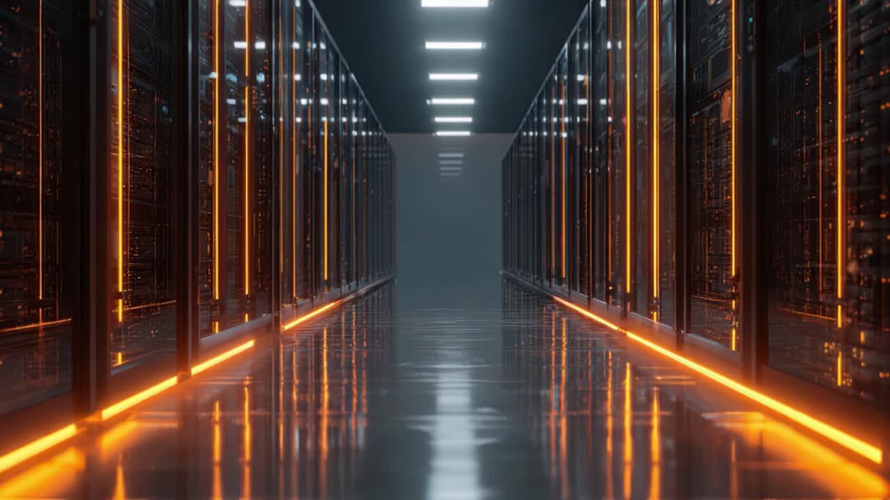 A Futuristic Data Center Corridor Featuring Illuminated Racks and a Polished Floor, Highlighting Modern Technology and Network Infrastructure