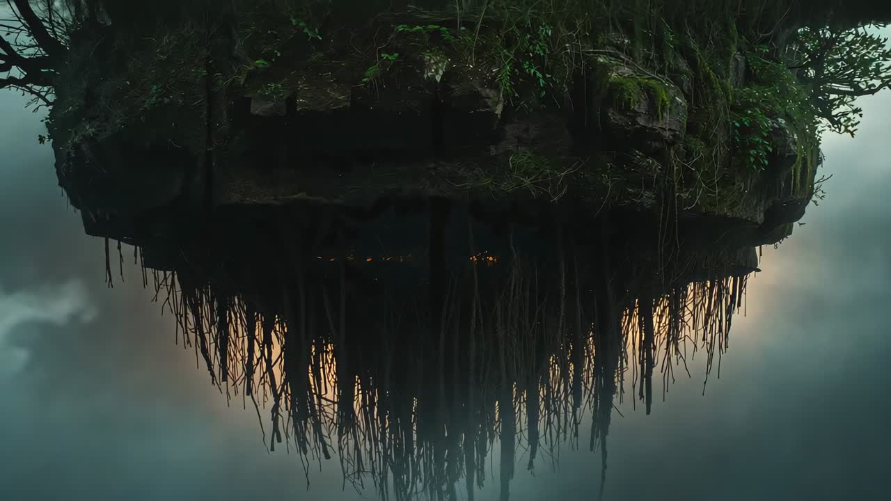 Pulling back camera revealing floating island at dusk, showing hanging roots, warm glow for reveal