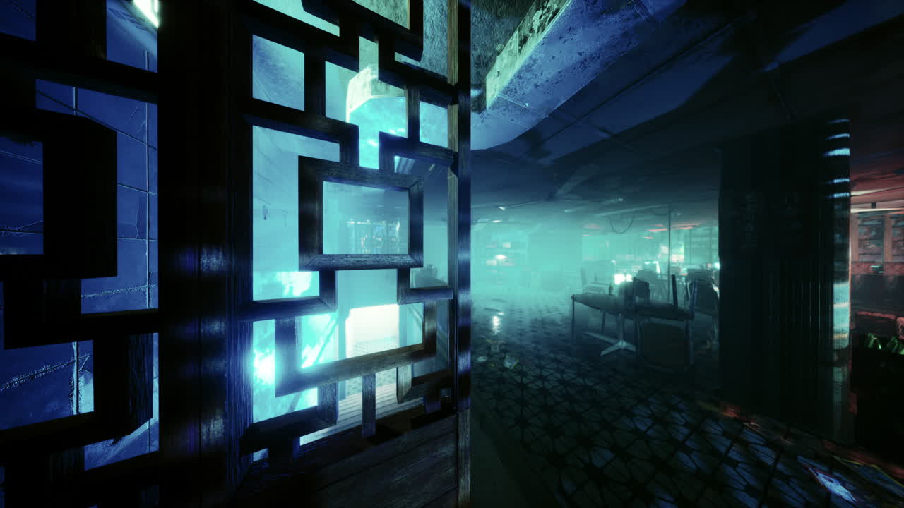 A dimly lit, grungy room with a wooden door and tiled floor