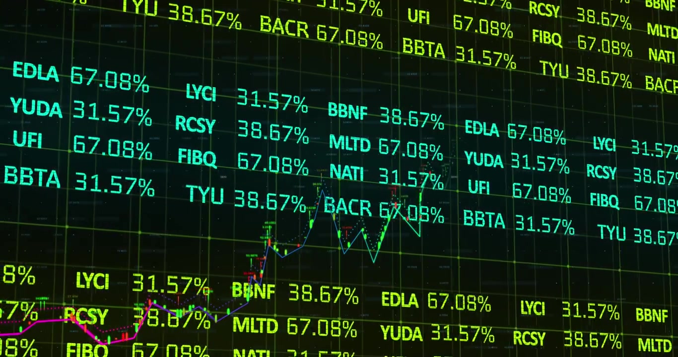 Ticker Digitale del Mercato Azionario che Mostra Dati Finanziari e Grafici di Trading.