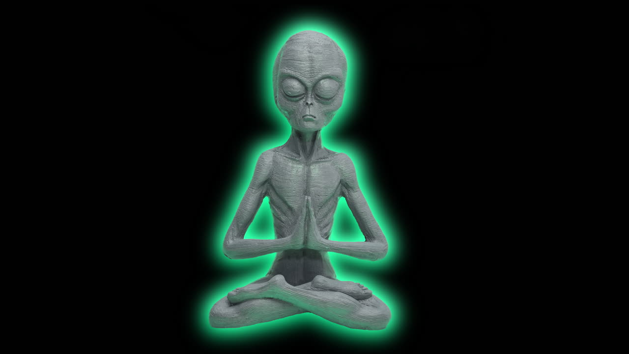 Multi-colored glowing Alien doing Yoga in front of black background - Closed eyes of futuristic figure animation